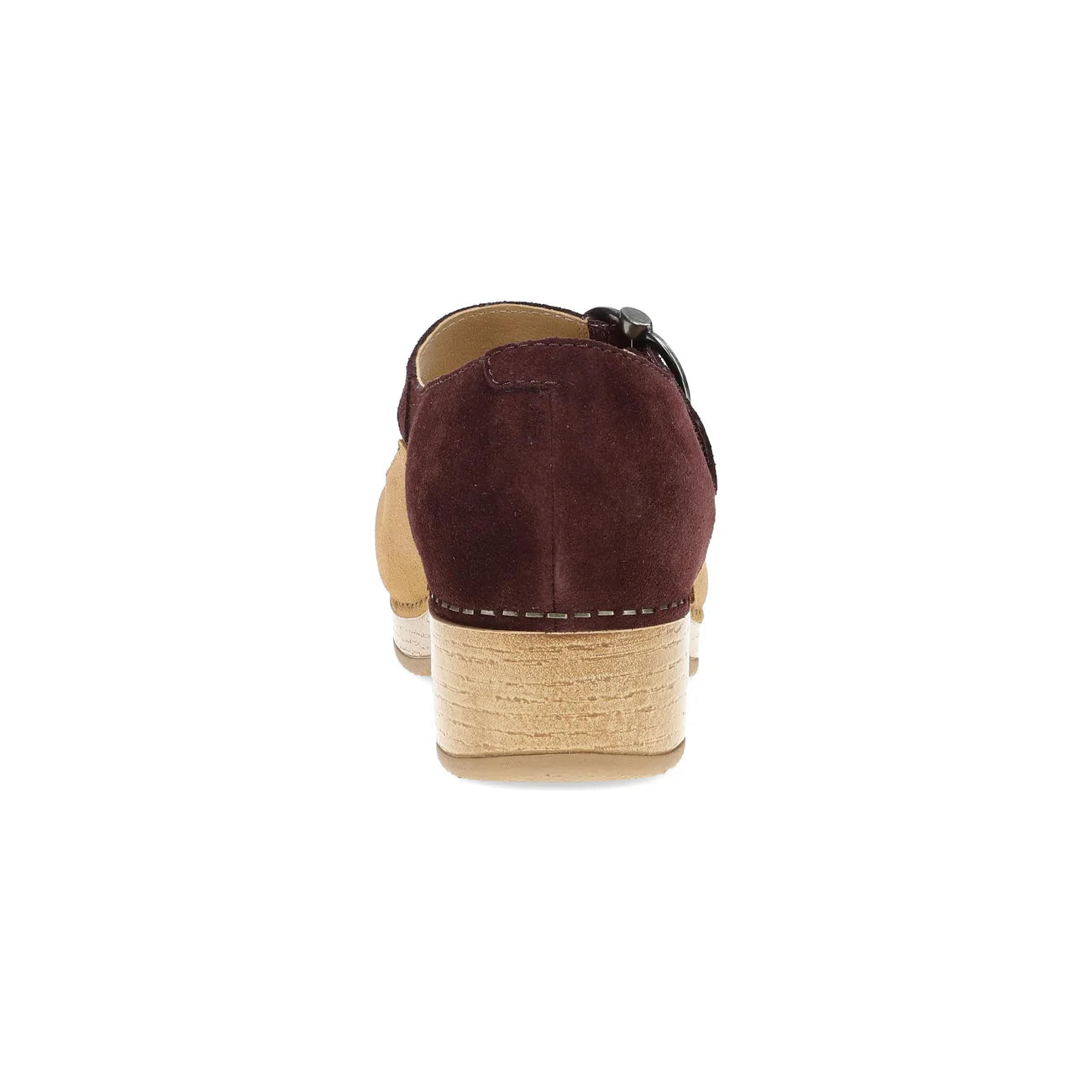 Brown suede sandal with a wooden sole on a white background