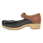 Black and brown clog shoe on a white background