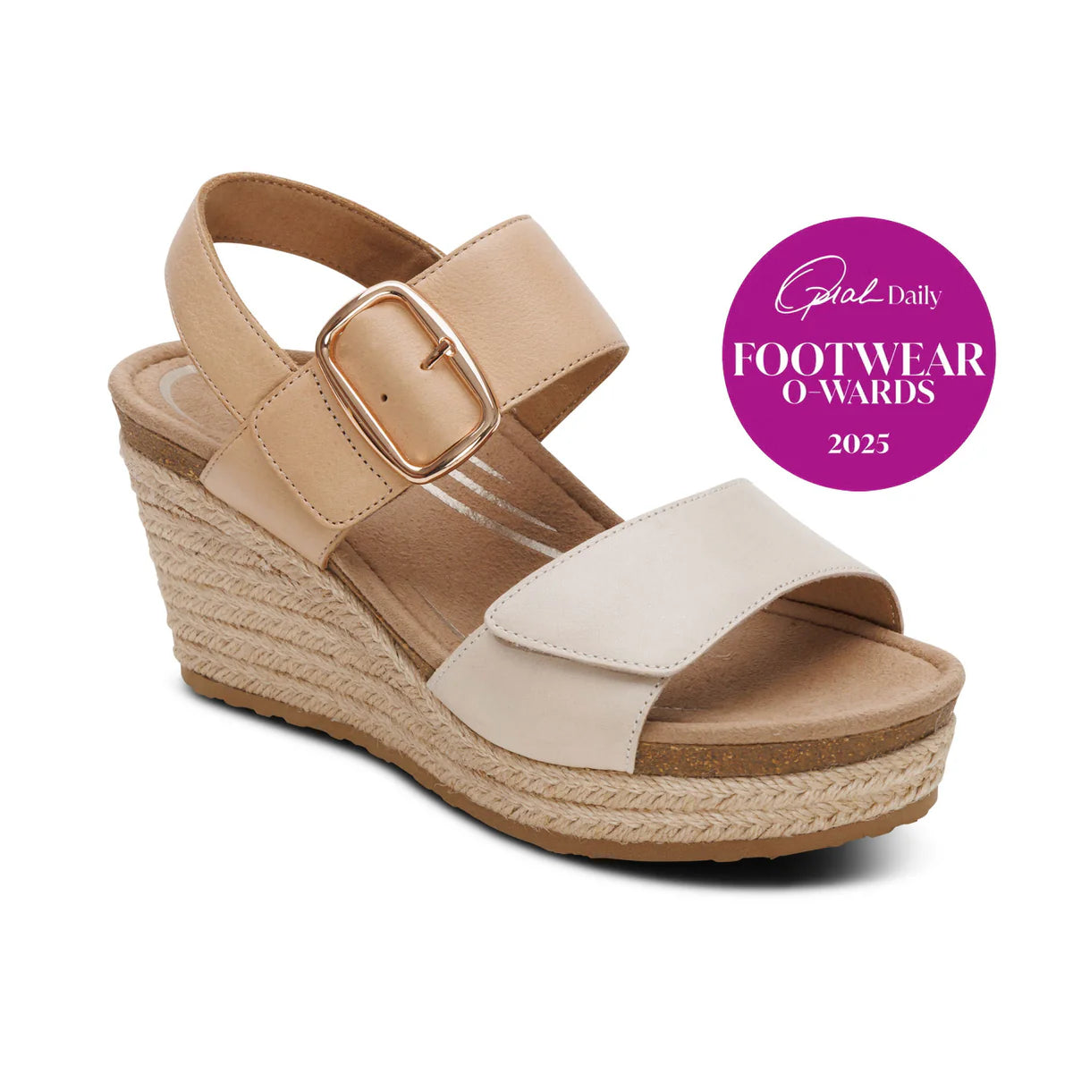 Beige wedge sandal with a buckle on a white background, featuring a 'Daily Mail Footwear Awards 2023' badge.