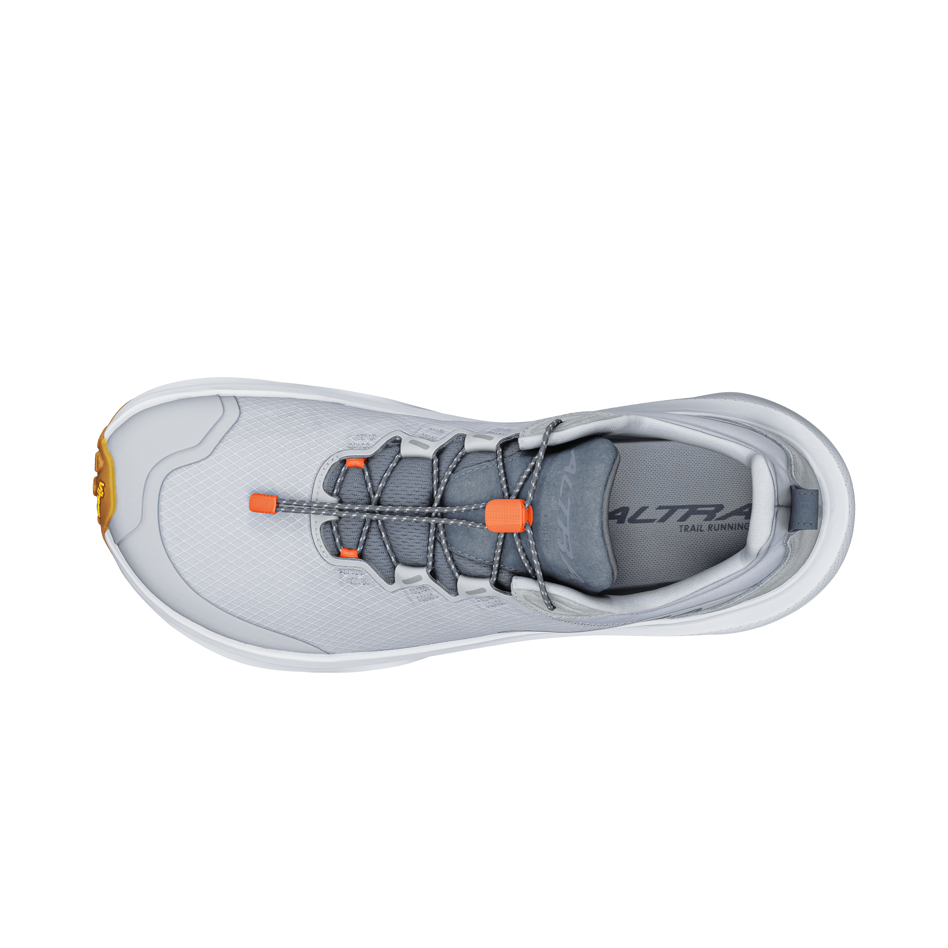 Gray athletic shoe with orange accents on a transparent background
