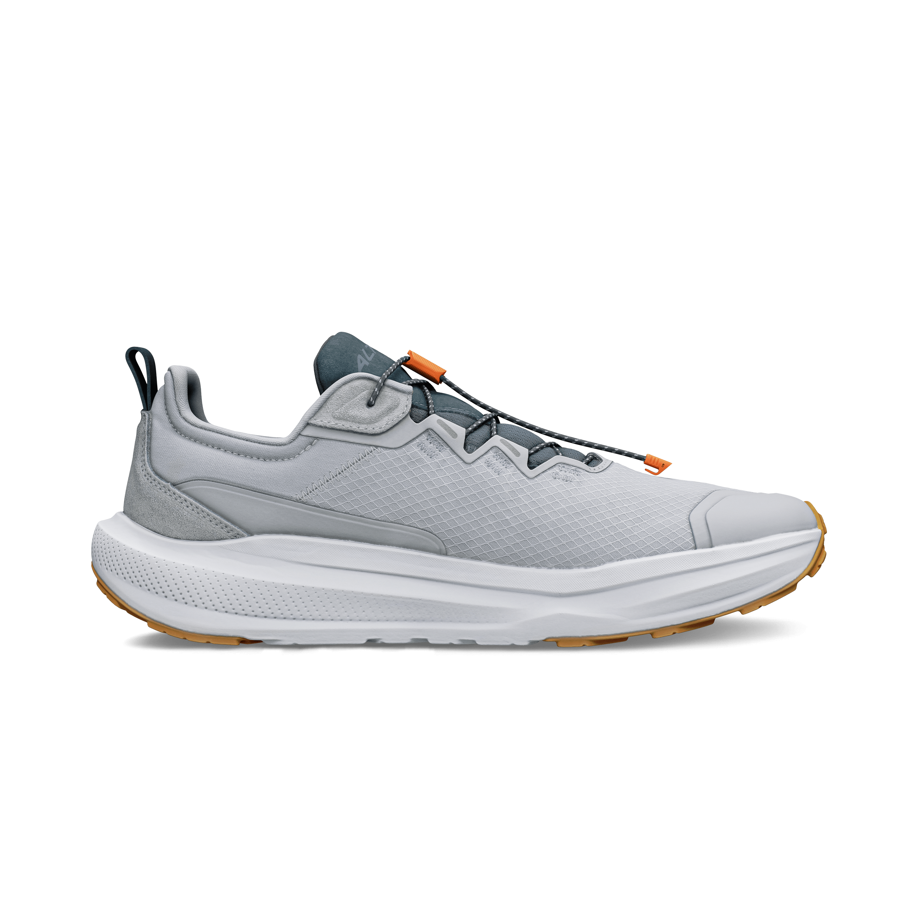 Gray athletic shoe with white sole on a transparent background