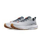 Gray running shoe with orange accents on a white background