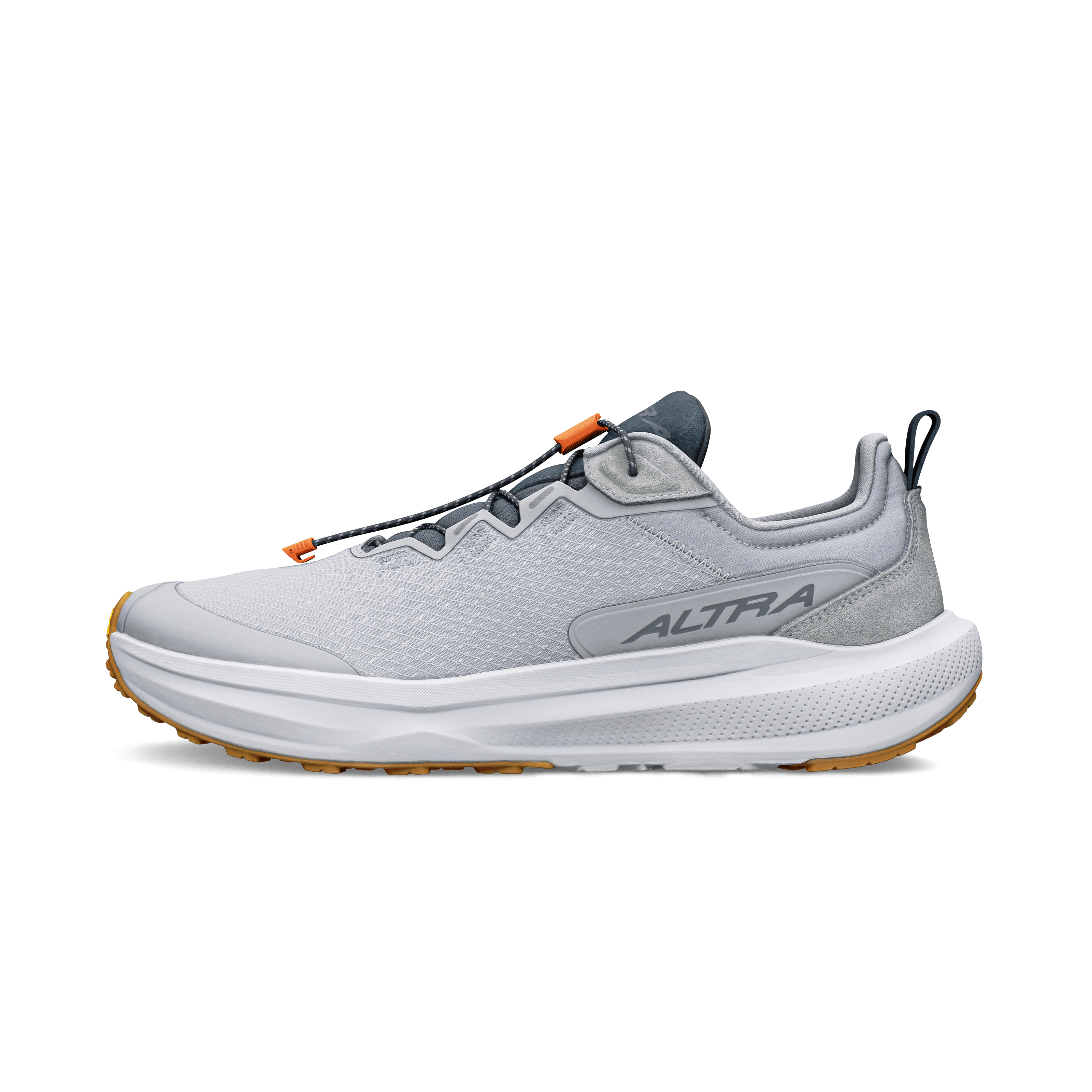 Gray running shoe with 'Altra' branding on a transparent background