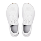 A pair of white athletic sneakers shown from a top-down view on a solid white background.