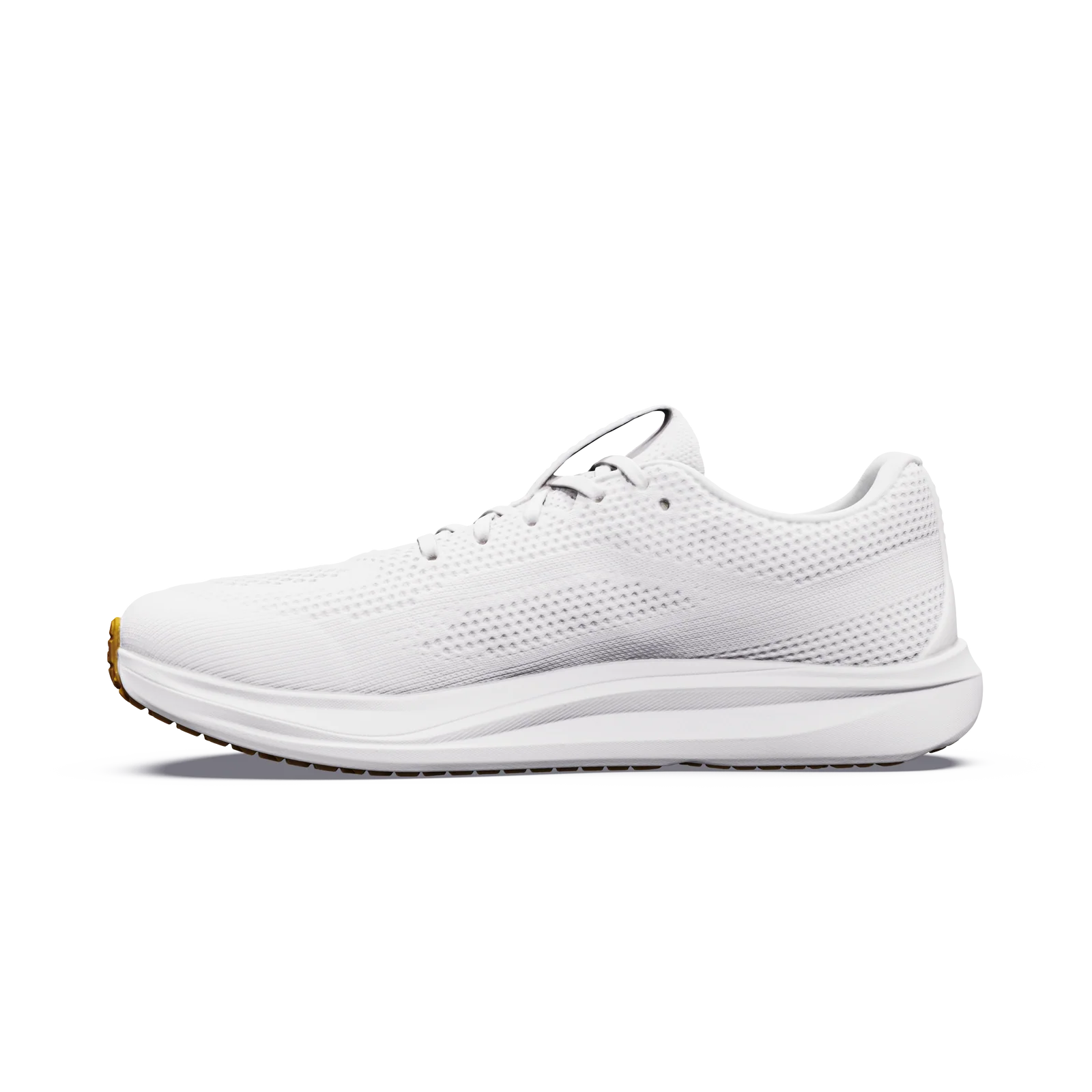A single off-white mesh athletic sneaker shown in a side profile view against a plain white background.