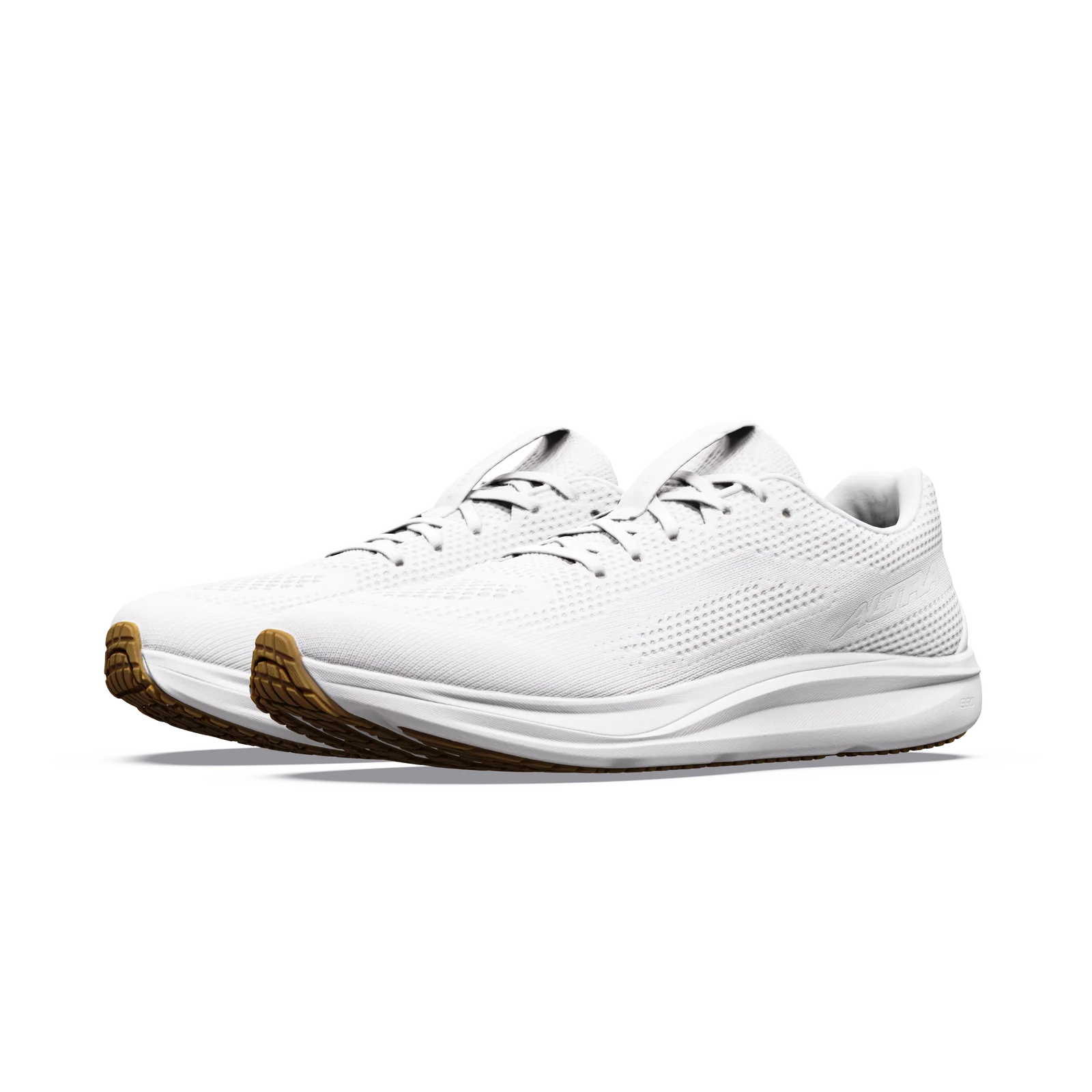 A pair of white athletic sneakers with brown gum outsoles, shown from a side profile view on a clean white background.