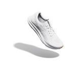 A white athletic sneaker with a breathable mesh upper and thick cushioned sole, shown floating at an angle against a solid white background with a soft shadow underneath.