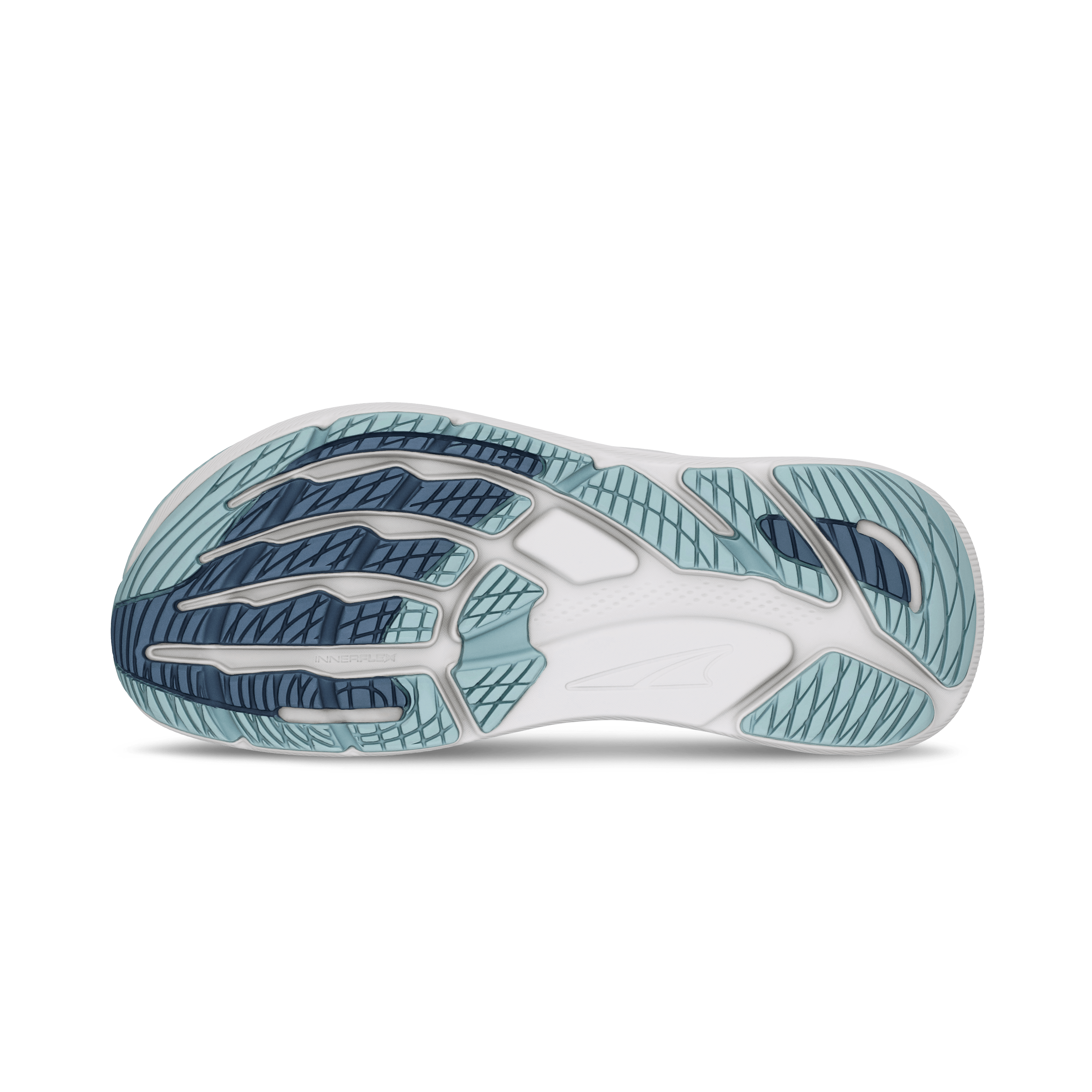 Sole of a shoe with blue and white design on a transparent background