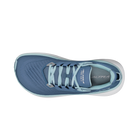Blue running shoe with white sole on a white background