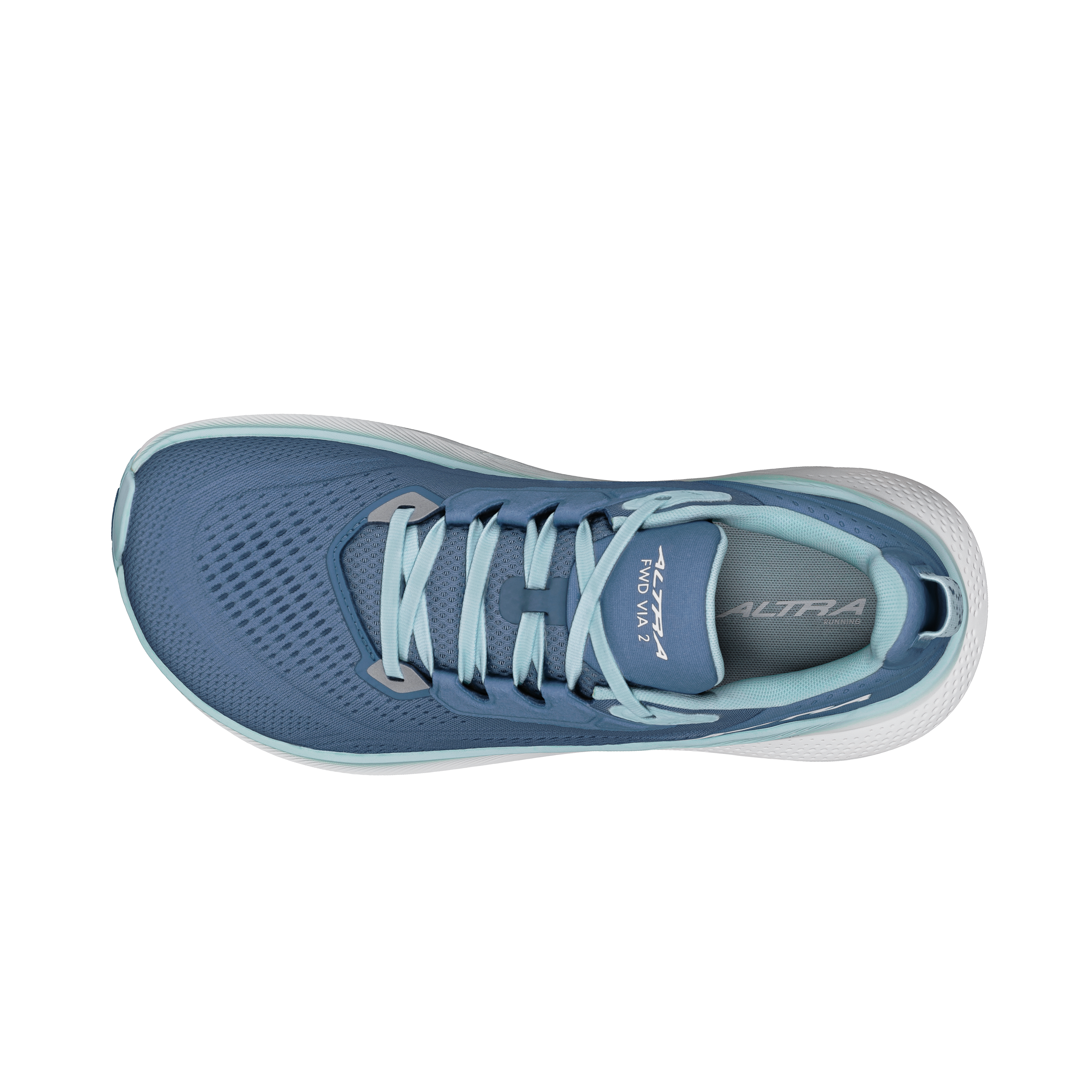 Blue running shoe with white sole on a white background
