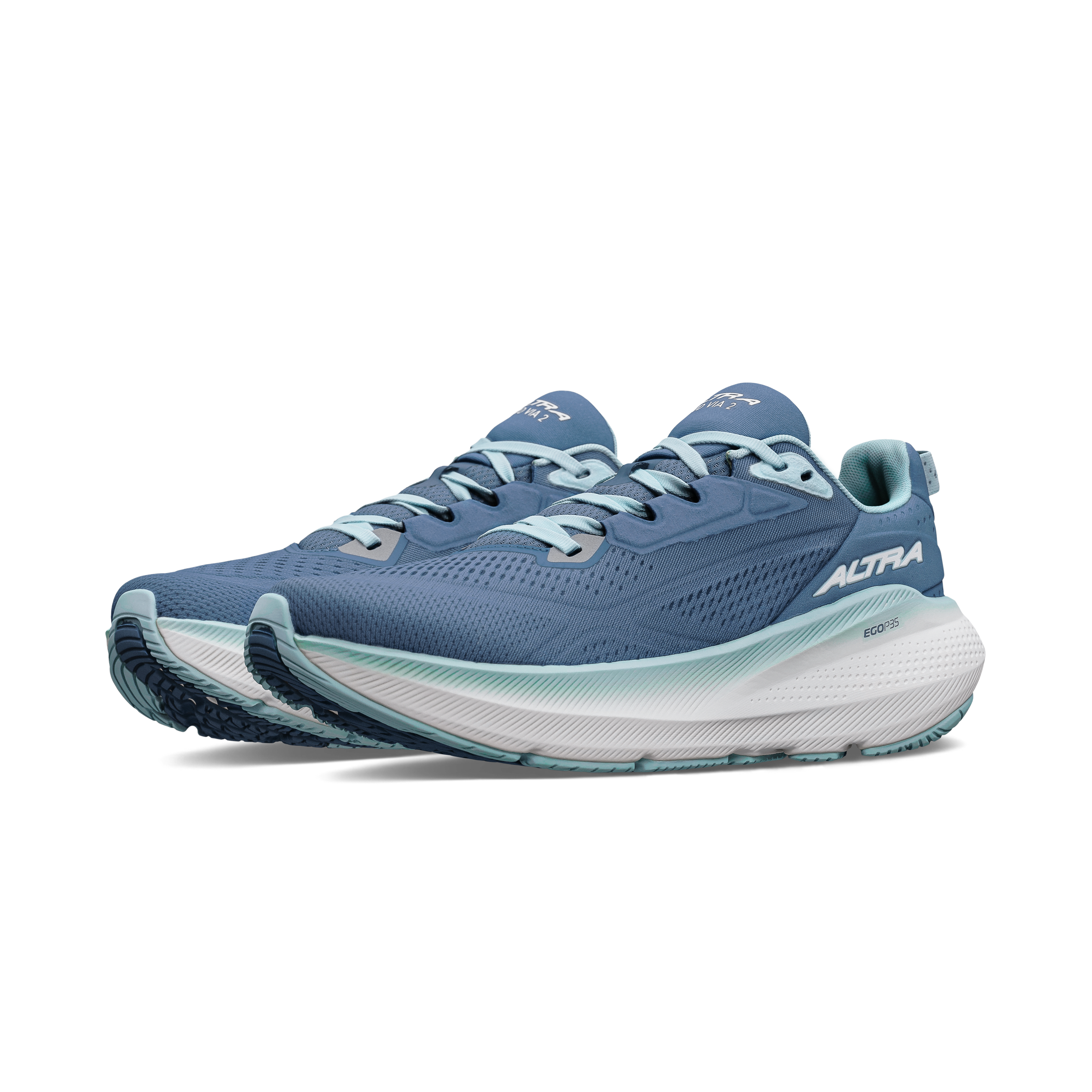 Blue running shoe with white sole on a transparent background