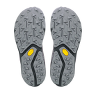 The outsoles of a pair of hiking shoes, showing a gray Vibram tread pattern with bright yellow Vibram logos near the heel, photographed from a top-down view on a white background.