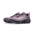 A pair of Altra trail running shoes in a dusty purple and gray colorway, featuring black laces and a rugged sole, shown against a plain white background.