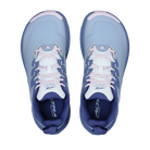 A pair of women's athletic running shoes shown from a top-down view. The shoes feature a light blue mesh upper with white and light pink laces, a dark blue collar, and a light blue outsole.
