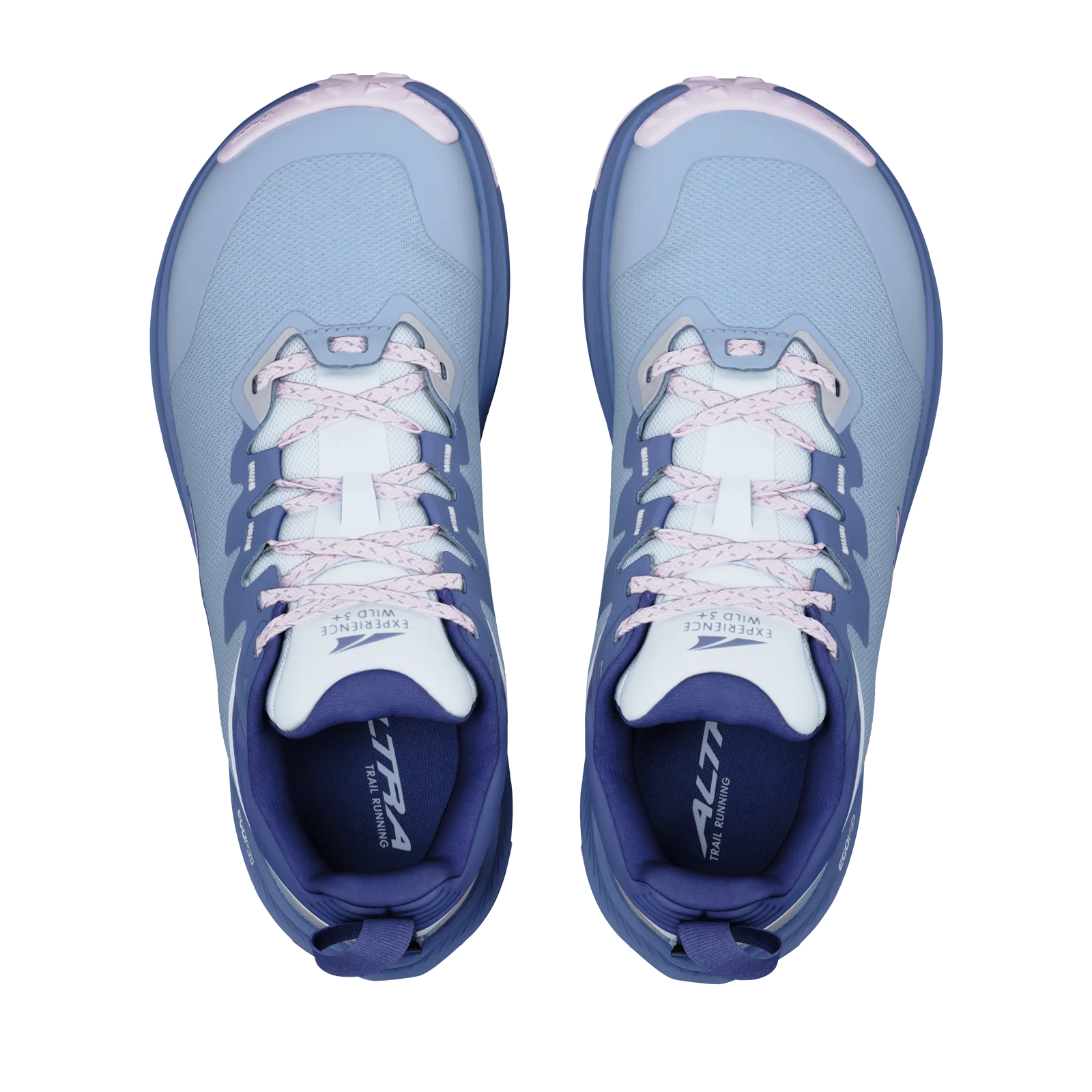 A pair of women's athletic running shoes shown from a top-down view. The shoes feature a light blue mesh upper with white and light pink laces, a dark blue collar, and a light blue outsole.