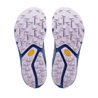 Top-down view of a pair of trail running shoes showing their white Vibram soles with blue trim and yellow Vibram logos, set against a plain white background.