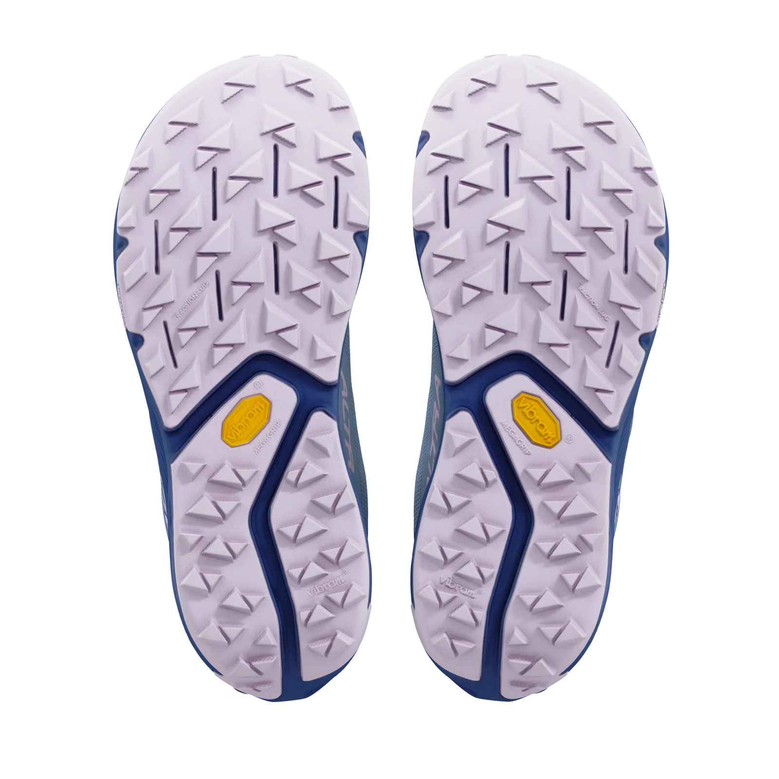 Top-down view of a pair of trail running shoes showing their white Vibram soles with blue trim and yellow Vibram logos, set against a plain white background.