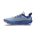 A light blue and navy trail running shoe with white laces and a light purple outsole, shown from the side on a white background.