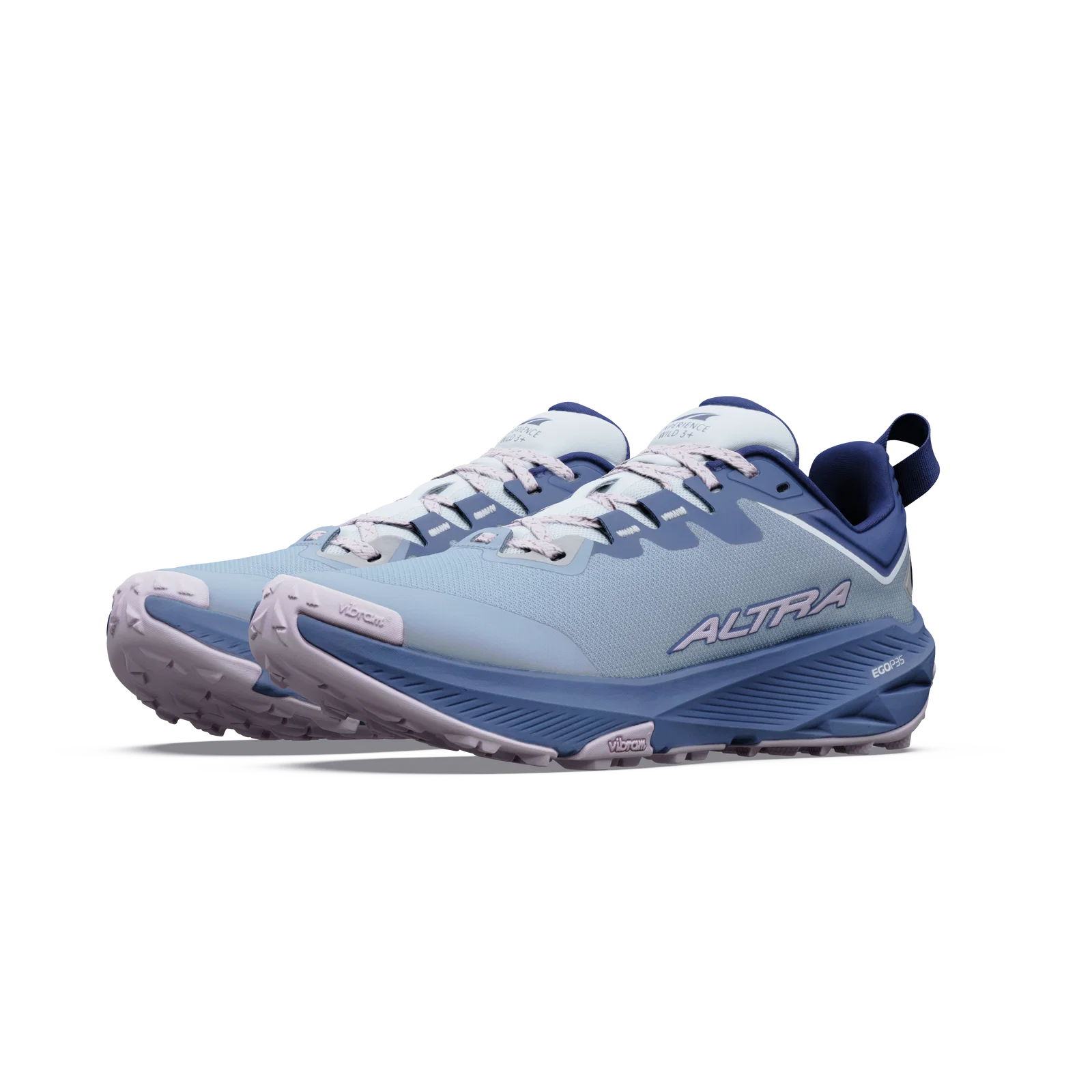 A pair of Altra trail running shoes in light blue and navy blue, shown from a three-quarters angle on a white background.
