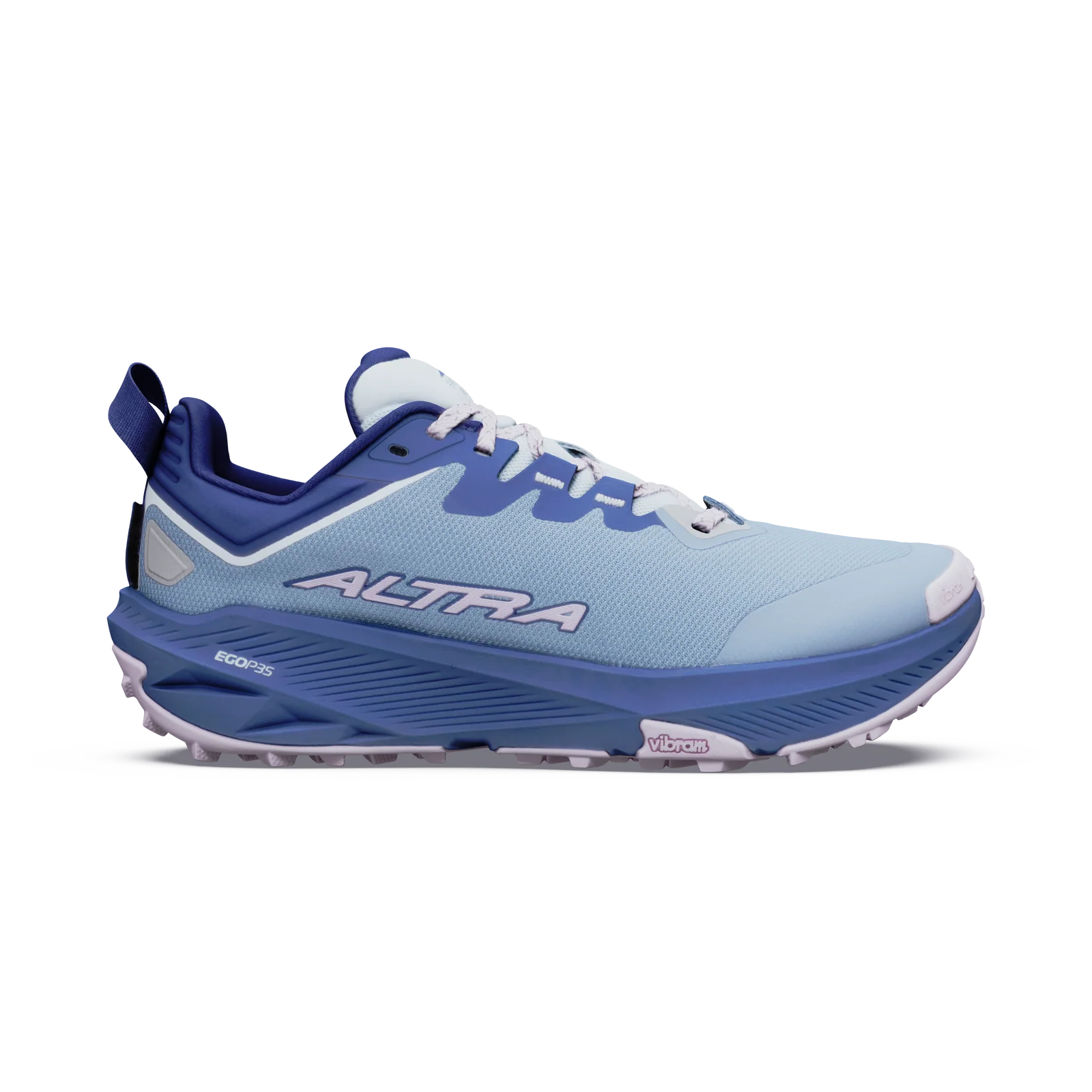 A light blue and royal blue trail running shoe with white laces and a white outsole, featuring the brand name 'ALTRA' on the side, shown against a plain white background.