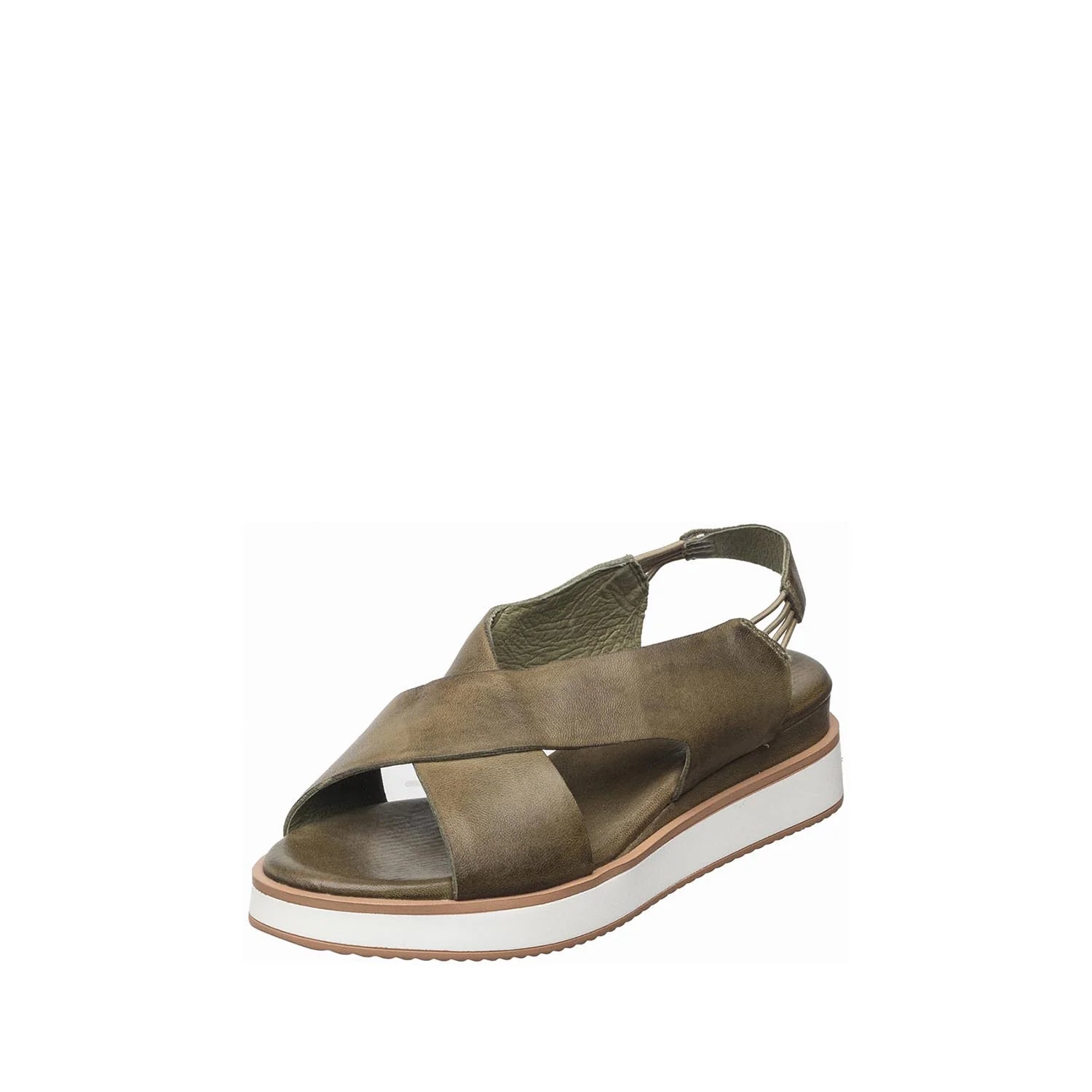 Green sandal with a white sole on a white background