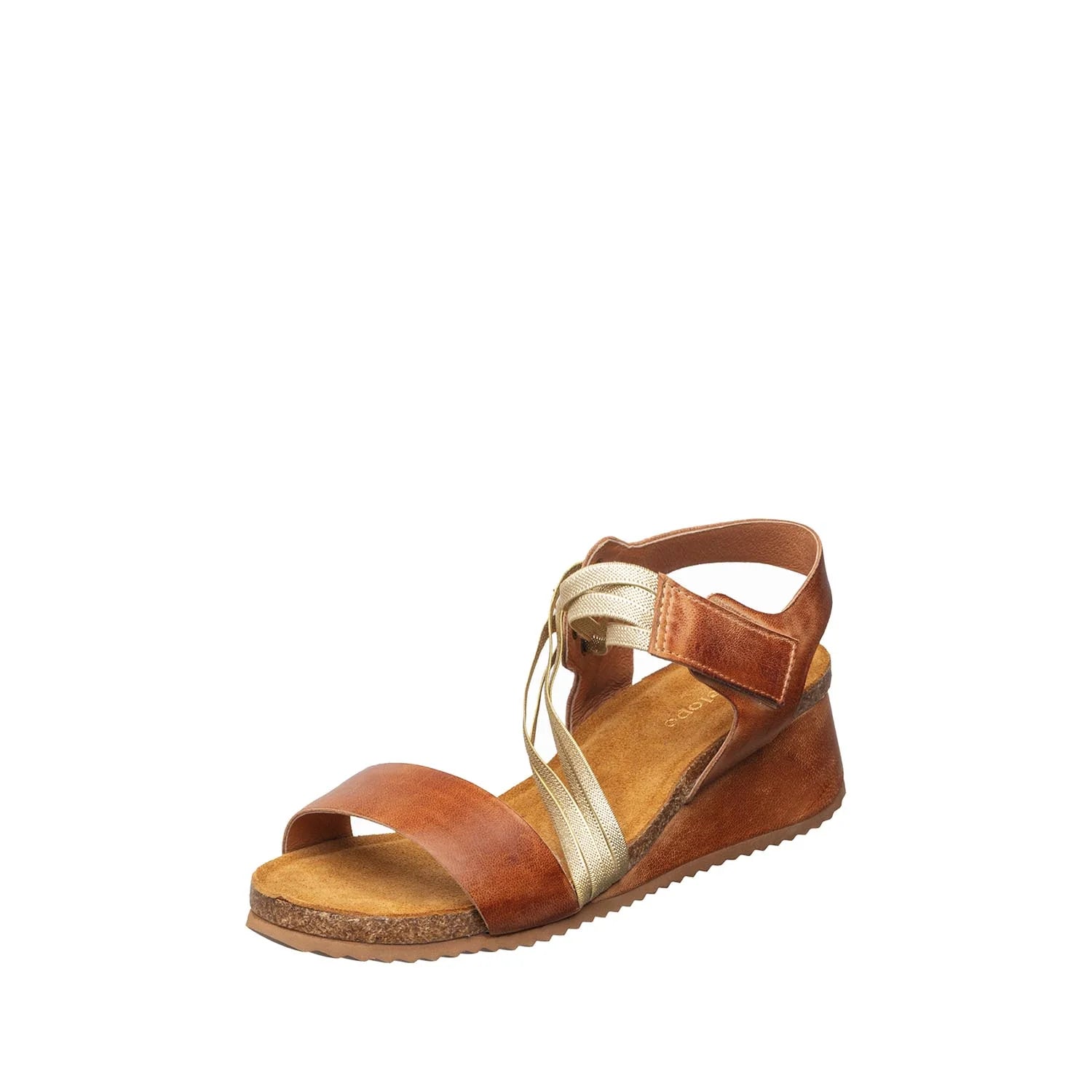 Brown sandal with a gold strap on a white background