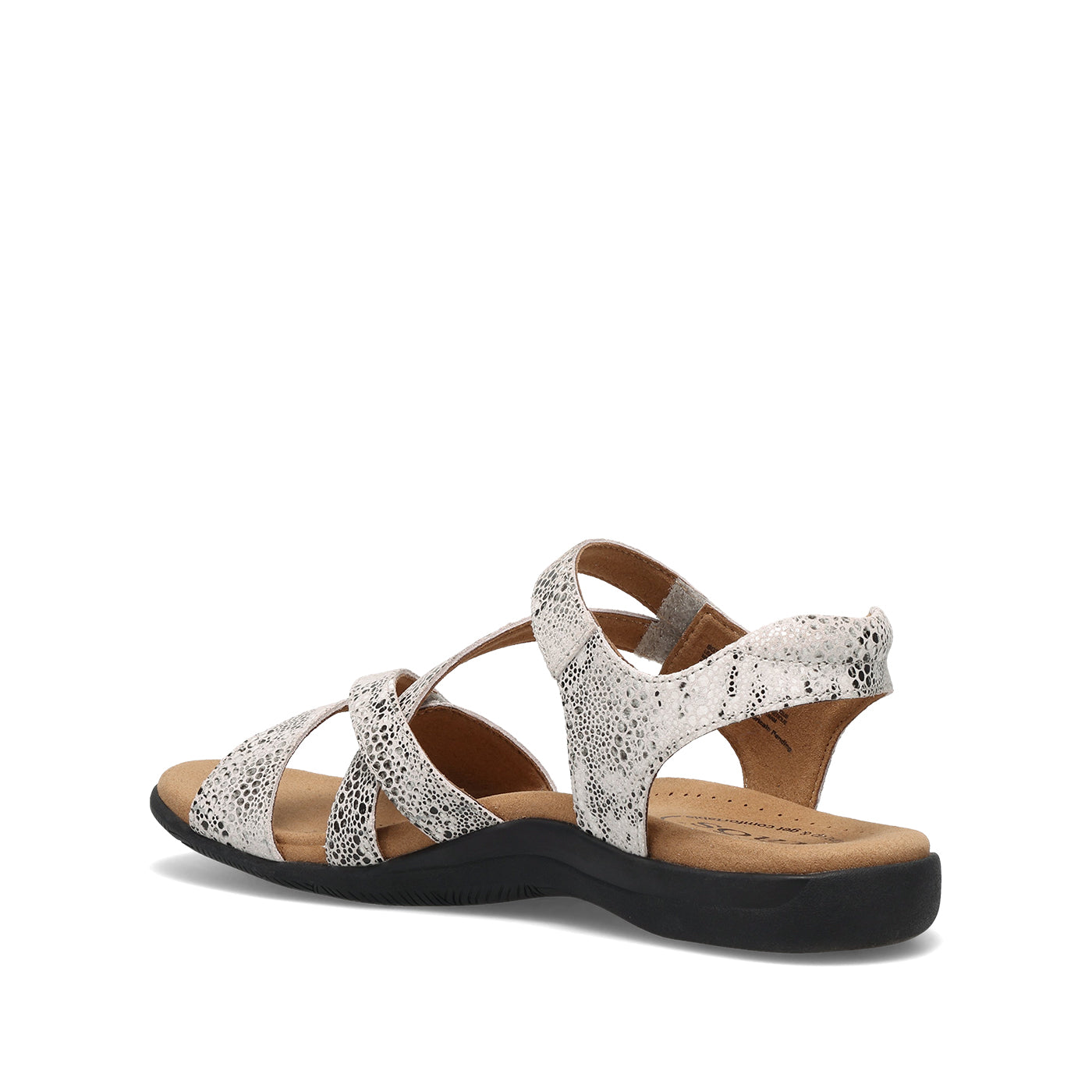 Silver glittery sandal with a black sole on a white background