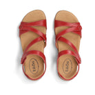 Red sandals with 'taos' branding on a white background
