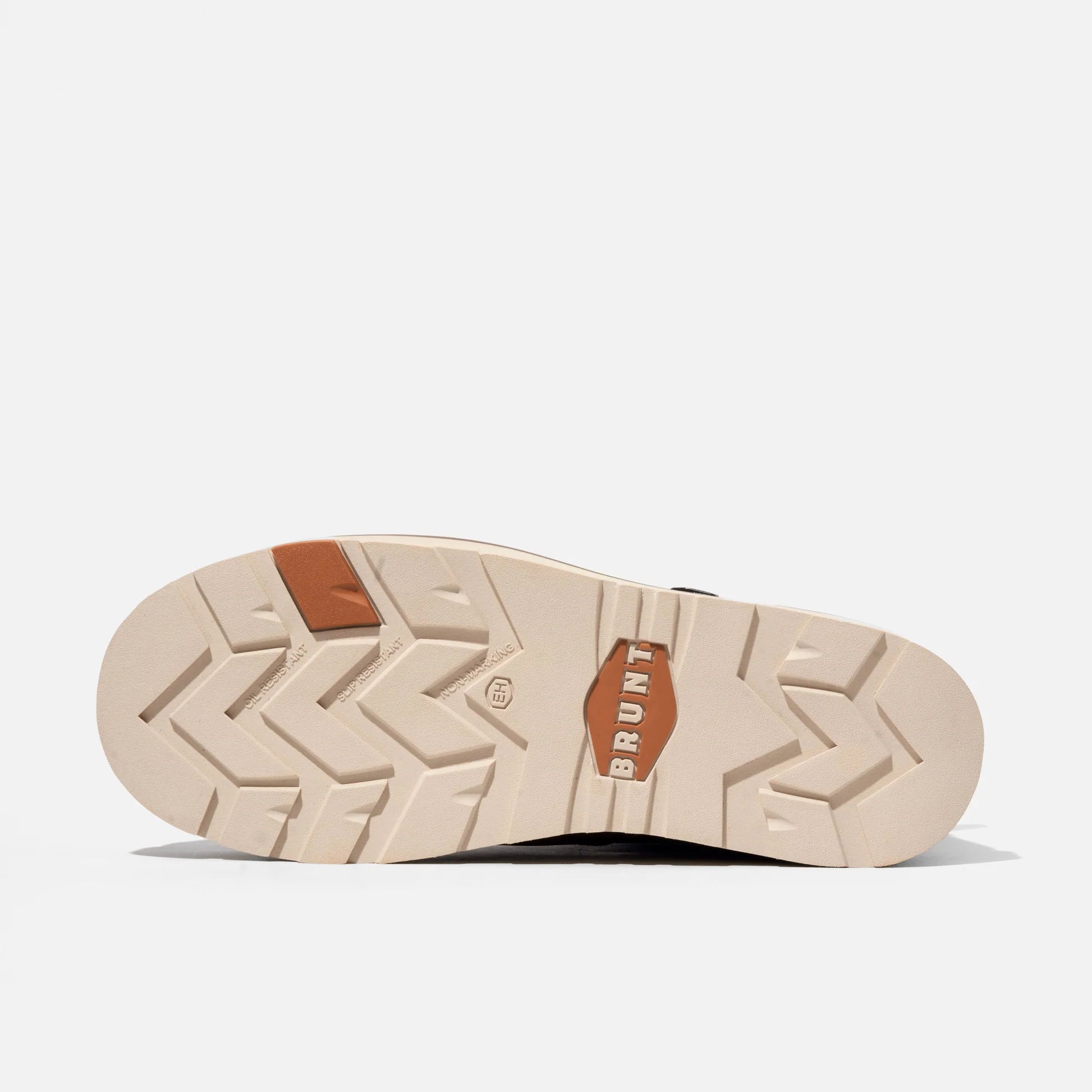 Close-up of a shoe sole with 'Brunt' branding on a white background