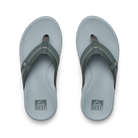 Pair of gray sandals with black straps on a white background, featuring the Reef logo.