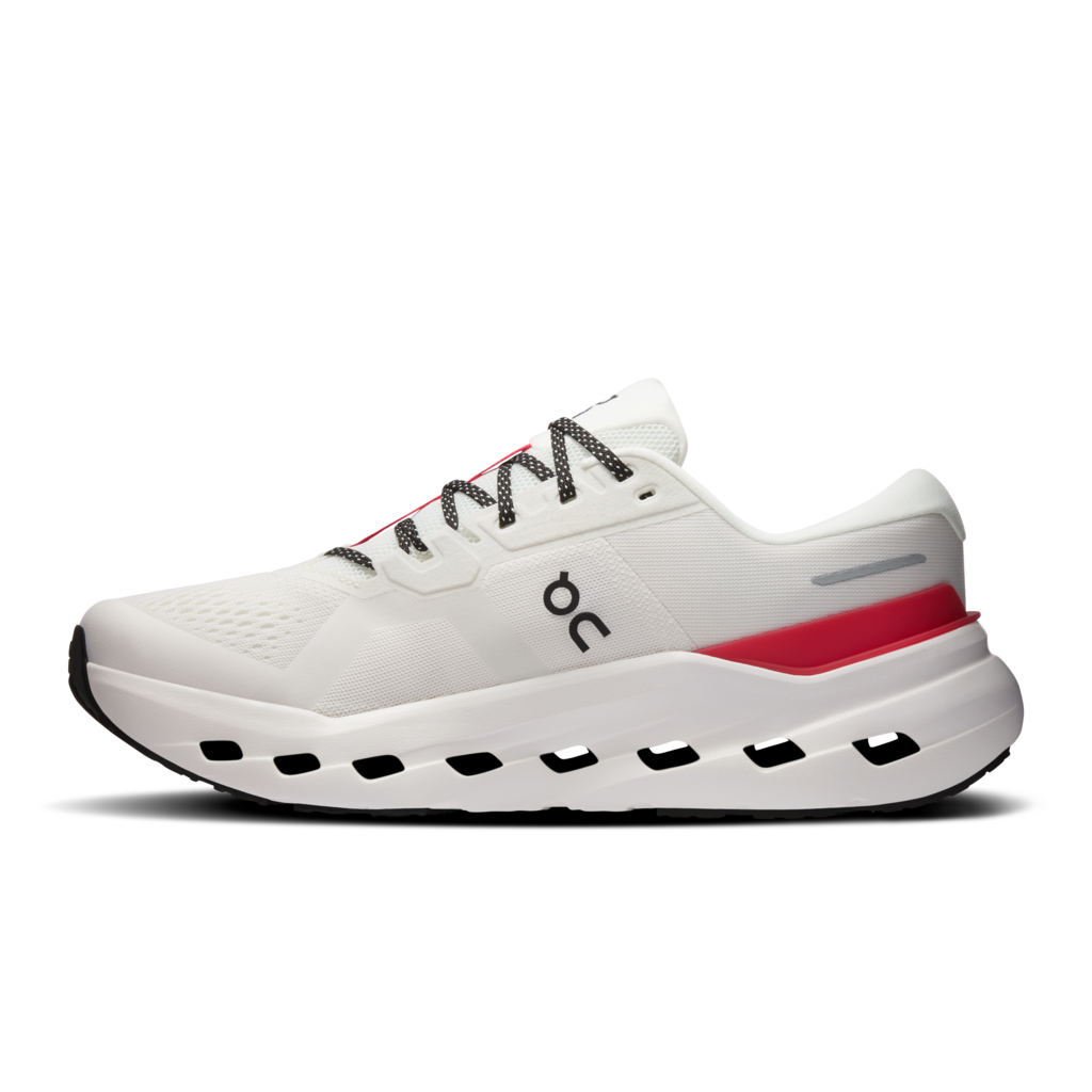 White running shoe with red accent on a white background