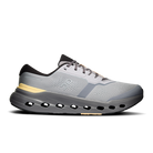 A light gray and dark gray running shoe with black accents and a small yellow accent near the heel, shown in a side profile on a white background.