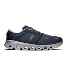 A single On Cloudrunner sneaker in navy blue and light gray, shown from a side profile view against a plain white background.