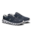 A pair of On running shoes in navy blue and white, featuring the brand's logo on the side, set against a plain white background.