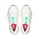 A pair of On Cloud running shoes shown from a top-down view, featuring a white mesh upper with mint green laces, red accents on the toe and heel, and a red interior lining with the On logo.