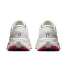 A pair of white On running shoes shown from the rear, featuring a chunky white midsole, a gray 'on' logo, and bright pink outsoles.