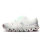 White and beige running shoe with unique sole design on a white background