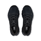 A pair of black On Cloud running shoes shown from a top-down view against a plain white background.