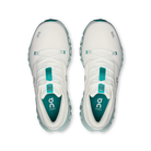 A pair of white On running shoes shown from a top-down view, featuring teal accents on the tongue, heel counter, and inner lining, with the On logo visible.