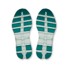 A pair of athletic shoe soles shown from the bottom, featuring a white midsole and teal-green textured outsole blocks, isolated on a white background.