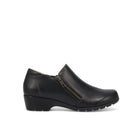 A black leather slip-on wedge shoe with a side zipper, shown in profile against a plain white background.