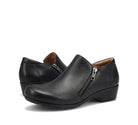 A pair of black leather slip-on wedge shoes with a side zipper, shown on a clean white background.