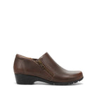 A brown leather slip-on clog shoe with a black wedge sole and a gold-tone zipper on the side, shown in profile against a white background.