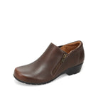 A single dark brown leather slip-on bootie shoe with a side zipper, shown from a three-quarters angle on a white background.