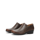 A pair of women's brown leather slip-on bootie with a side zipper and low wedge heel, shown on a plain white background.