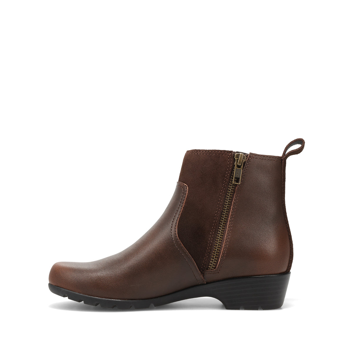 A dark brown leather ankle boot with a side zipper, elastic side panel, and low black wedge heel, shown from a side profile on a white background.
