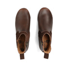 A pair of dark brown leather Chelsea boots shown from a top-down view on a white background.