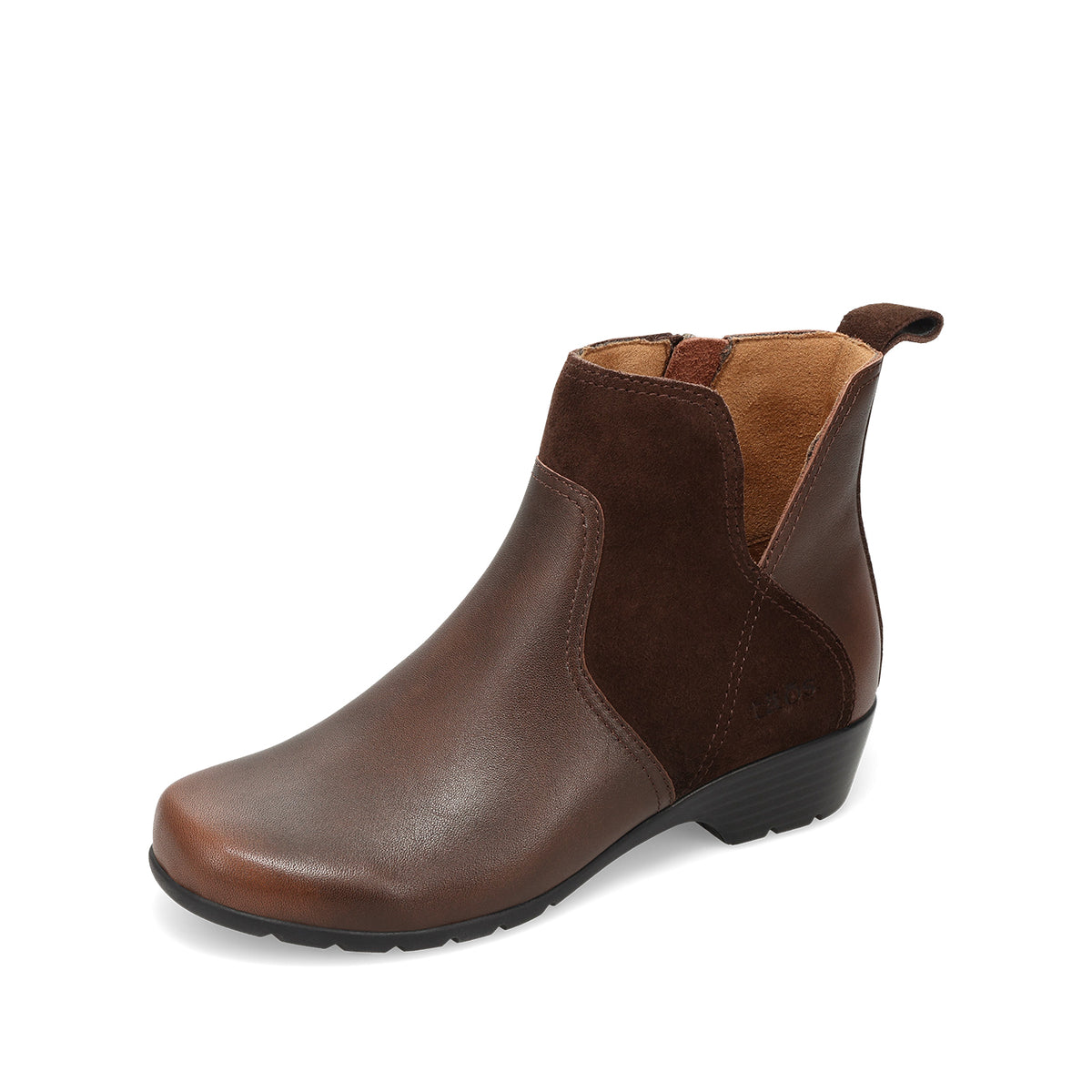 A single brown ankle boot with a mix of smooth leather and suede panels, a pull tab, and a low wedge heel, shown on a plain white background.