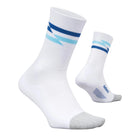 White socks with blue and gray accents on a light gray background