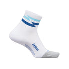 White sock with blue accents and 'Feetures' branding on a white background